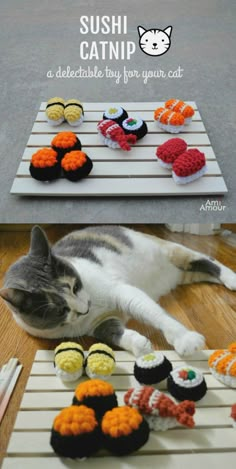 a cat laying on top of a wooden floor next to sushi crochet