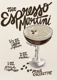 the espresso martini cocktail poster is shown in black and white, with information about its ingredients