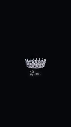 a tiara with the word queen written on it in cursive writing, against a black background