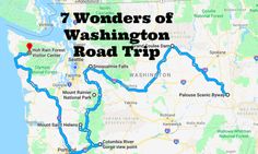 a map with the words 7 wonders of washington road trip in black and red on it