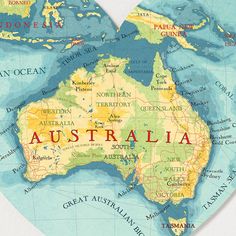 a heart shaped map with the word australia on it's side and an image of australia in the middle