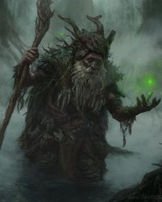 an old man with long hair and beards holding a staff in the middle of a forest