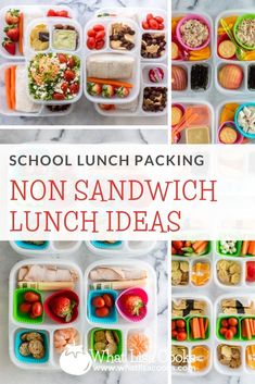 lunch boxes filled with food and the words school lunch packing non - sandwich lunch ideas