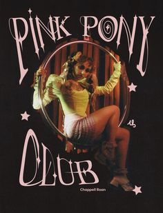 the pink pony club logo is shown on a black t - shirt with an image of a woman