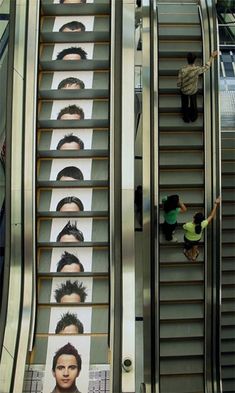 an escalator with multiple images of people on it and the same one above