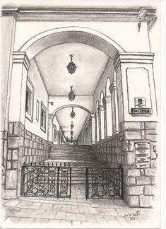 a pencil drawing of an entry way to a building