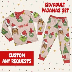 Es gibt keinen besseren Weg, die Weihnachtszeit oder besondere Anlässe zu feiern, als Ihre ganze Familie mit diesem komplett bedruckten Pyjama-Set in Uniform zu kleiden. All over print Pyjamas Set bestehend aus einem Langarm Raglanshirt und einer Hose. 4-Wege-Stretchmaterial, 95% Poly + 5% Elasthan. Weich und bequem. Hervorragende Elastizität für eine perfekte Passform, atmungsaktiv, komfortabel und weich. Das Top kommt mit abgesetzten Bündchen an Ärmeln und Taillenbund. Die Hose hat einen elast Grinch Pyjamas, Christmas Pyjamas Plaid, Adult Pajamas, Pajama Set, Pajamas, Gender Neutral, Adult Outfits, Clothes