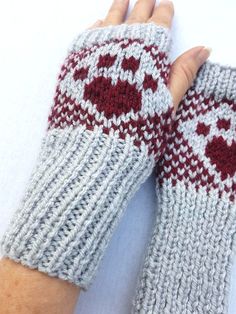 Finger-less Gloves, Dog Paw Print, Silver Grey, Burgundy Red, One Size Fits most women #fingerlessmittens Red Paw Print, Valentine Hearts, Fingerless Mittens, Handmade Scarves, Afghan Blanket, Dog Paw Print