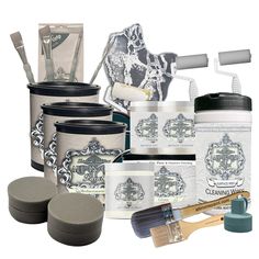 several different types of paint, brushes and other items