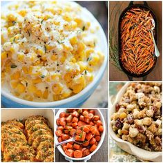 several different pictures of food including carrots, macaroni salad and other foods