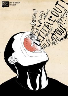 a drawing of a man with his mouth open and words coming out of the top