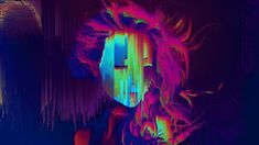 a woman's face is lit up with neon colors and the image appears to be distorted