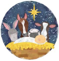 two donkeys are sitting in the manger scene