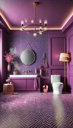 a bathroom with purple walls and floor tiles