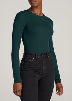 American-Tall-Women-LS-Ribbed-Crew-Neck-Tee-Emerald-front Satin Skirt Black, Scrubs Dress, Cozy Sweatpants, Green Long Sleeve, Long Sleeve Tee Shirts, Winter 2023, Tall Women, Clothing Care, American Shirts