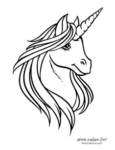 a unicorn's head with long hair and a horn on it, in black and white