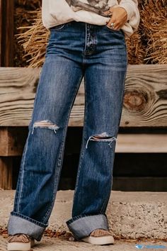 OrcaJump - Vaqueros rectos de cintura alta en denim sólido azul oscuro rasgado para mujer Punchy Outfits Women, Western Ripped Jeans, Cute Casual Country Outfits, Cute Western Jeans, Western Jeans Womens, Cute Fall Jeans, Western Punchy Outfits, Women’s Western Fashion, Non Ripped Jeans