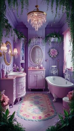 a bathroom with pink and purple decor, chandelier, sink, tub and mirror