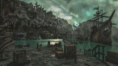 an image of a fantasy setting with ships in the water