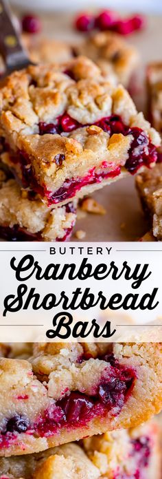 two pictures of cranberry shortbread bars with text overlay that reads, buttery cranberry shortbread bars