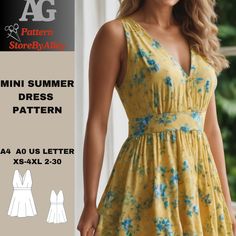 a woman wearing a yellow dress with blue flowers on it and the words, summer dress pattern