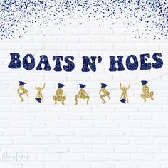 "This Listing is for ONE (1) \"Boats N' Hoes\"as shown. Perfect for your Nauti Bachelorette theme!  ~Size~ Letters are approximately 5 inches tall. the twerkers are also approximately 5 inches tall.    ~Color~ Primary color shown is navy blue glitter. The twerkers are shown in gold glitter and their captain hates are in navy blue glitter.  If you would like different color twerkers, please let us know in the \"notes to seller\" section at checkout. Otherwise we will send in gold glitter as shown. The hats will always be navy blue glitter. The banner will be glitter on the front side and white on the back ~Assembly~ The banner is available as DIY for you to string it yourself, or you can select to have it pre- strung. For the DIY option we will provide you with instructions and twine, and f Sailing Bachelorette Party, Beach Bachelorette Party Decorations, Bachelorette Party Lake, Beach Bach, Boat Theme