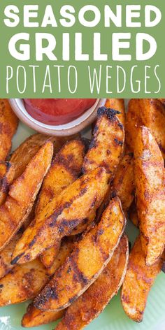 seasoned grilled potato wedges on a plate with ketchup in the background