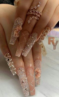 Seni Resin, Quinceanera Nails, Rose Gold Nails, Bling Acrylic Nails, Prom Nails, Luxury Nails, Coffin Nails Designs