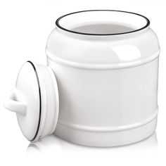 a white container with a black rim and lid