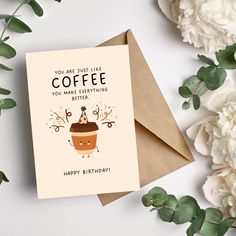 a greeting card with an illustration of a coffee cup