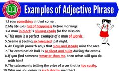 a poster with some words on it that say, examples of adjective phrases