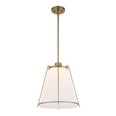 an antique brass finish pendant light fixture with a white glass shade hanging from the ceiling