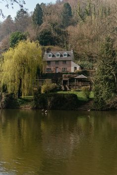 a large house sitting on top of a lush green hillside next to a lake filled with ducks