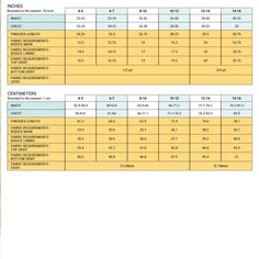 the size and weight chart for each child's shoes, which are available in different colors