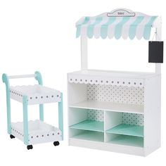 a white and blue toy cart with two shelves on each side, one shelf is open and the other has an awning over it