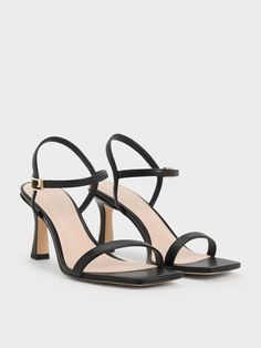 Black Square-Toe Heeled Sandals - CHARLES & KEITH US Crafts From Recycled Materials, Square Toe Heels, Size Chart For Kids, Pu Heels, Black Sandals Heels, Charles Keith, Black Square, Ankle Straps, Black Pumps