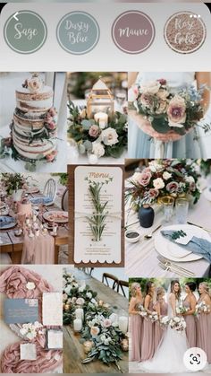 a collage of photos with different wedding colors and flowers on them, including pinks,