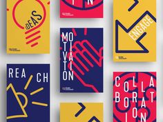 six posters with different colors and shapes on them, each featuring an image of a person's hand