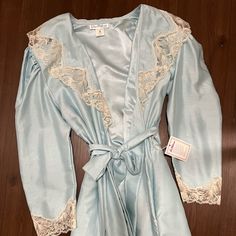 Gorgeous Baby Blue, This Piece Is Old But So Good! I Would Say 50s/60s. Blue Robe Aesthetic, Vintage Nightgown And Robe, Blue Vintage Dress For Spring Wedding, Vintage Blue Dress With Lace Trim, Blue Vintage Dress With Lace Trim, Blue Vintage Dress For Vintage Events, Elegant Blue Vintage Dress For Vintage Events, Blue Vintage Dress For Wedding, Vintage Satin Dress For Wedding Night