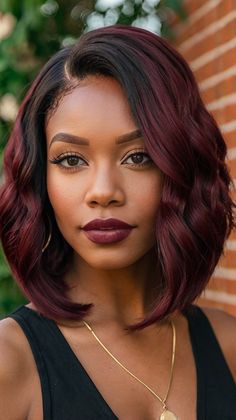 Ombre Hair Color For Black Hair Curly, Burgundy On Black Women, Burgundy On Dark Skin, Ombre Ginger Hair Black Women, Winter Hair Colors For Black Women, Deep Red Hair Color Black Women, Bob With Color For Black Women, Magenta Hair Color On Black Women, Cherry Red Hair Black Women