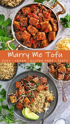 many different types of food on plates with the words marry me tofu above them