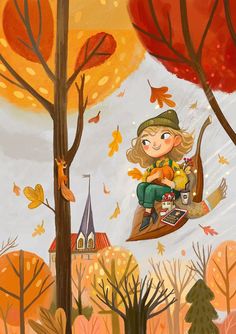 a painting of a girl on a swing in the fall