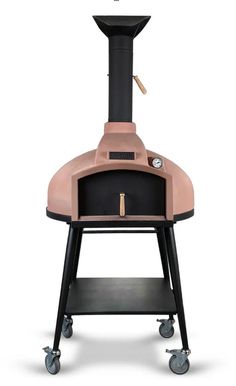 an outdoor bbq grill with wheels on the front and side, in pink color