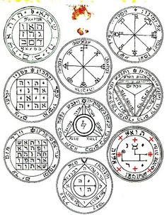 the seven seals and their corresponding symbols, all in black ink with red dots on them