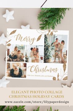 christmas photo collage with gold foil and evergreen leaves on the top, surrounded by snowflakes