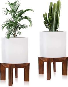 two white planters with plants in them sitting on wooden stands next to each other