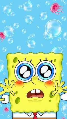 the spongebob is in front of bubbles with his eyes wide open and hands out