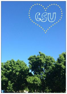 the words csu written in white over trees and blue sky with yellow dots on it