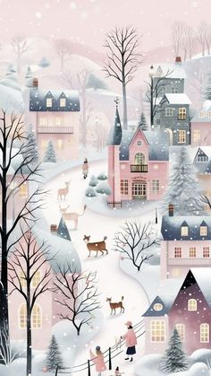 a christmas scene with people and animals walking through the snow covered town, trees and houses