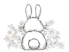 a drawing of a bunny sitting in the grass with flowers around it's back